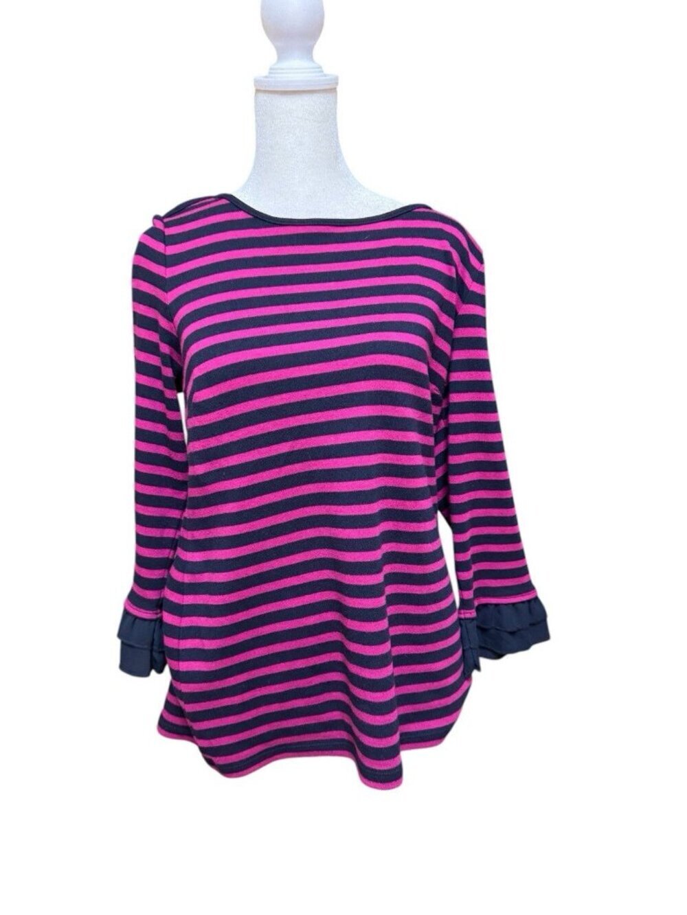 Talbots Striped Top Medium Pink Navy Long Sleeve Ruffle Cuff Cotton